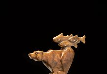Tim Cherry Dreams Of Salmon grizzly bear fish wildlife bronze sculpture