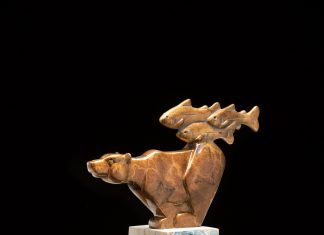 Tim Cherry Dreams Of Salmon grizzly bear fish wildlife bronze sculpture