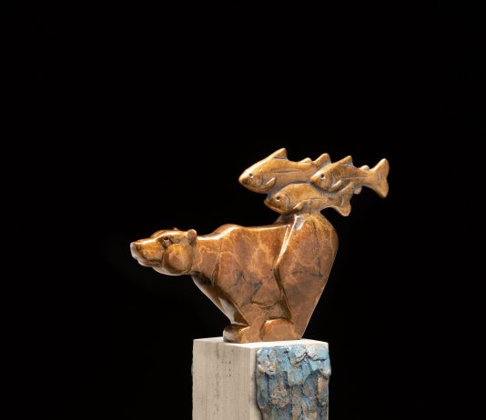 Tim Cherry Dreams Of Salmon grizzly bear fish wildlife bronze sculpture