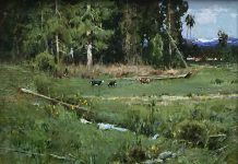 Cyrus Afsary Pasture cattle cow sheep goat snowy mountain top western landscape oil painting