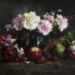 Cyrus Afsary Still Life With Carnations flower floral apple pear oil painting