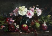 Cyrus Afsary Still Life With Carnations flower floral apple pear oil painting