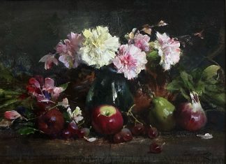 Cyrus Afsary Still Life With Carnations flower floral apple pear oil painting
