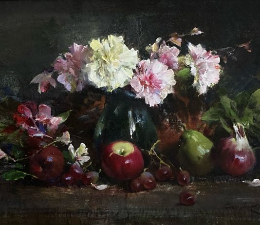 Cyrus Afsary Still Life With Carnations flower floral apple pear oil painting