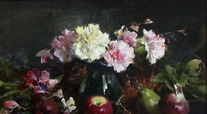 Cyrus Afsary Still Life With Carnations flower floral apple pear oil painting