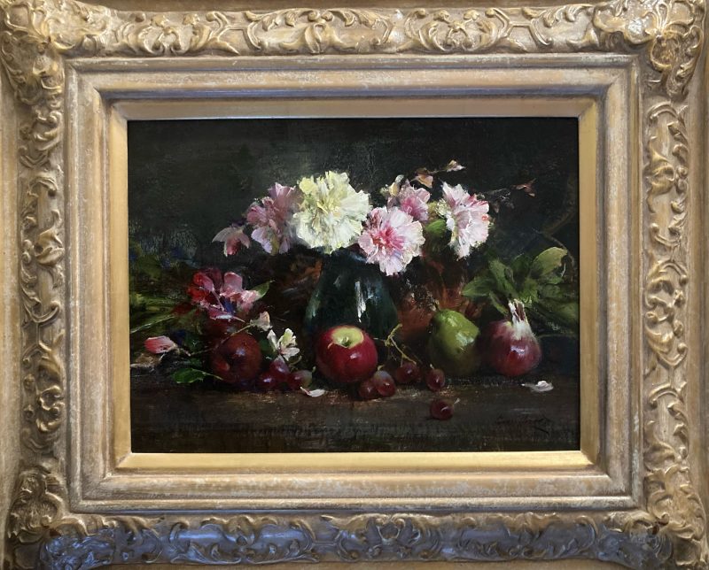 Cyrus Afsary Still Life With Carnations flower floral apple pear oil painting framed