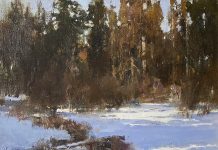 Cyrus Afsary Winter Light snow trees creek stream brook river western landscape oil painting