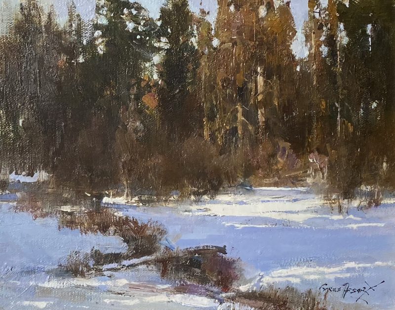 Cyrus Afsary Winter Light snow trees creek stream brook river western landscape oil painting