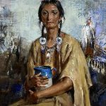 Cyrus Afsary Woman With a Blue Vase Native American Indian woman squaw portrait figure figurative western oil painting