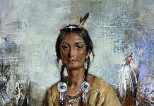 Cyrus Afsary Woman With a Blue Vase Native American Indian woman squaw portrait figure figurative western oil painting