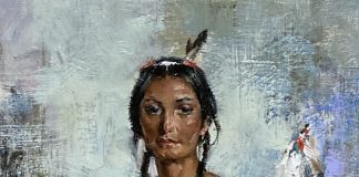 Cyrus Afsary Woman With a Blue Vase Native American Indian woman squaw portrait figure figurative western oil painting