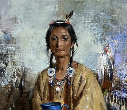Cyrus Afsary Woman With a Blue Vase Native American Indian woman squaw portrait figure figurative western oil painting