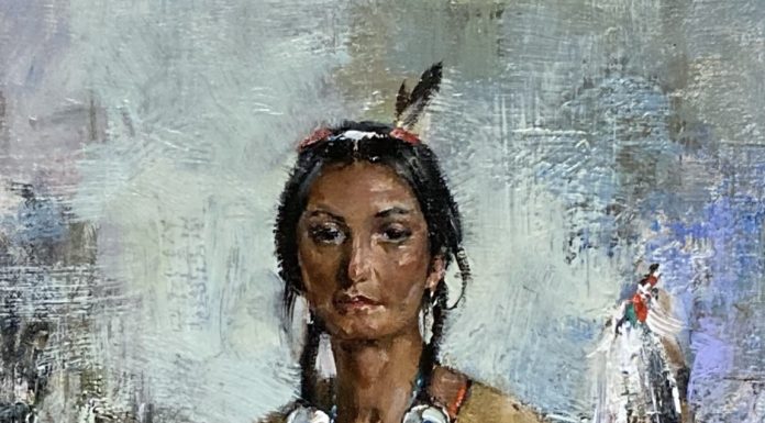 Cyrus Afsary Woman With a Blue Vase Native American Indian woman squaw portrait figure figurative western oil painting