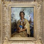 Cyrus Afsary Woman With a Blue Vase Native American Indian woman squaw portrait figure figurative western oil painting framed