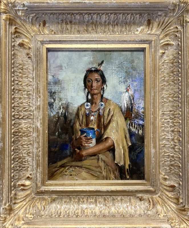 Cyrus Afsary Woman With a Blue Vase Native American Indian woman squaw portrait figure figurative western oil painting framed
