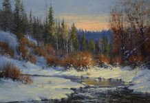 robert peters cimarron creek landscape snow river trees mountain western oil painting