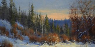 robert peters cimarron creek landscape snow river trees mountain western oil painting