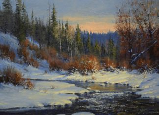robert peters cimarron creek landscape snow river trees mountain western oil painting