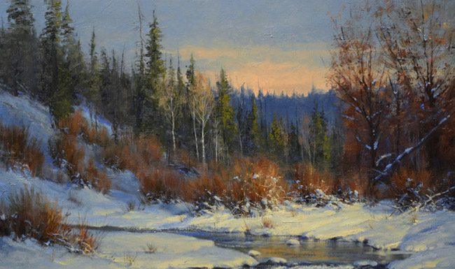 robert peters cimarron creek landscape snow river trees mountain western oil painting