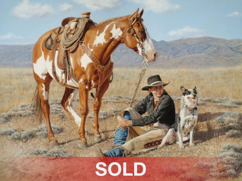 Ann Hanson Rest Stop cowgirl horse landscape oil painting