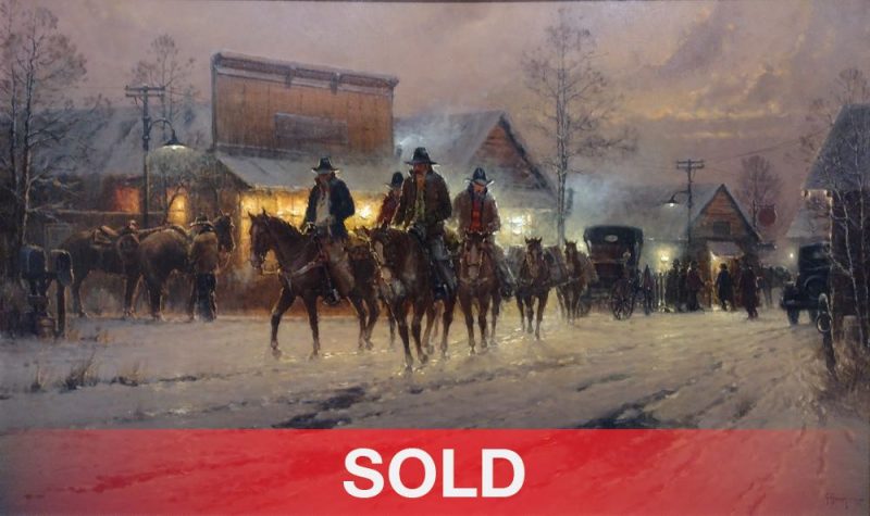 G. Harvey Enough Till Spring cowboy horse old western town snow carriage western oil painting