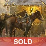 G. Harvey Cowponies horse horses snow cabin glowy light cabin western oil painting sold