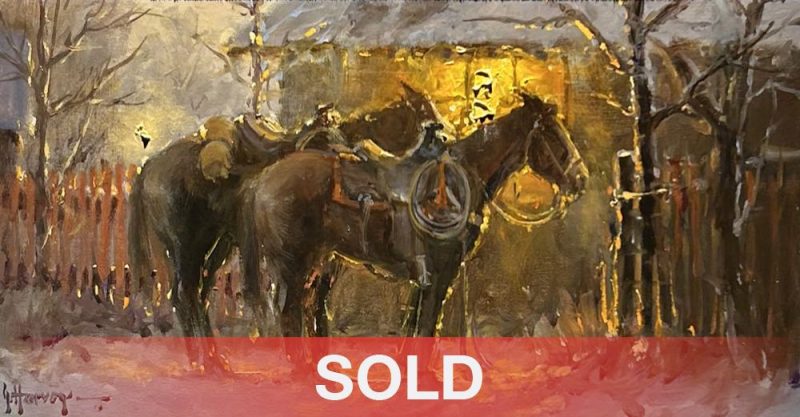 G. Harvey Cowponies horse horses snow cabin glowy light cabin western oil painting sold