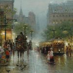 g. harvey turn of the century city scene carriages trolley car horses oil painting