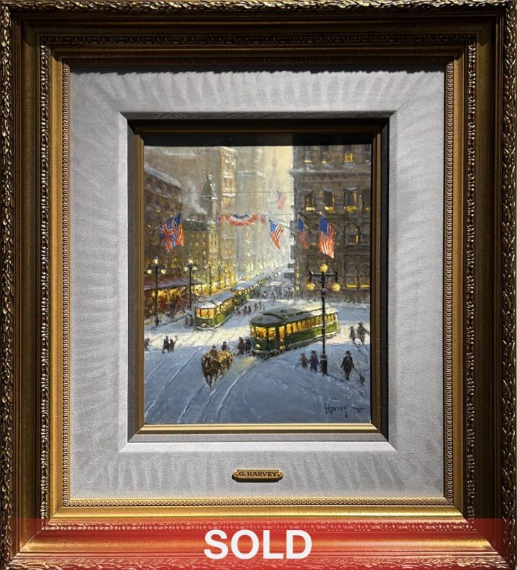 G. Harvey Trollies On Broadway New York city scene cable cars horses people snow western oil painting