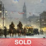 G. Harvey Snowy Tracks Denver turn of the century city cowboys horses western oil painting