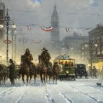 G. Harvey "Snowy Tracks" Denver turn of century city scene cowboys horses street cars trolleys snow oil painting