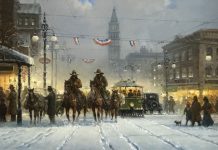 G. Harvey "Snowy Tracks" Denver turn of century city scene cowboys horses street cars trolleys snow oil painting