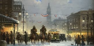 G. Harvey "Snowy Tracks" Denver turn of century city scene cowboys horses street cars trolleys snow oil painting