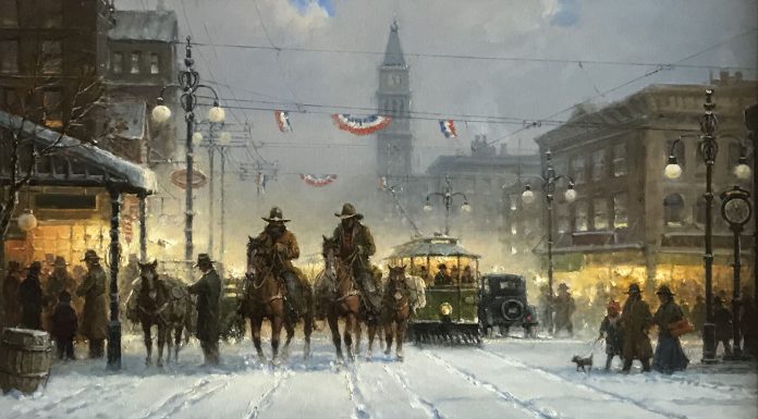 G. Harvey "Snowy Tracks" Denver turn of century city scene cowboys horses street cars trolleys snow oil painting