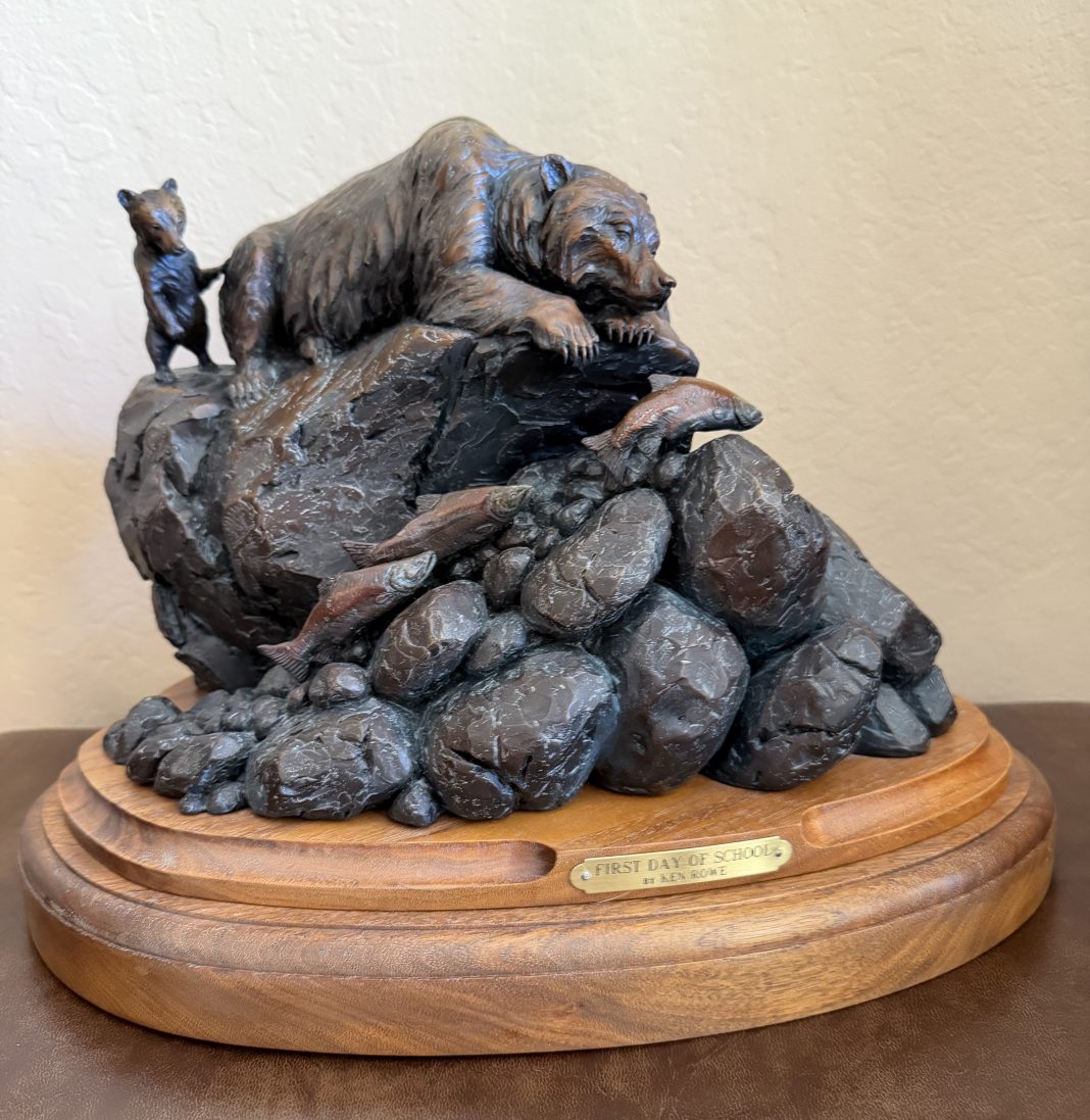 Ken Rowe First Day Of School wildlife bronze sculpture grizzly bear cub salmon fish stream river brook fishing