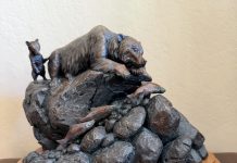 Ken Rowe First Day Of School wildlife bronze sculpture grizzly bear cub salmon fish stream river brook fishing