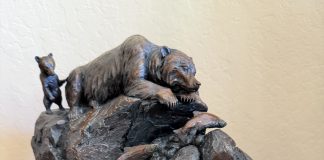 Ken Rowe First Day Of School wildlife bronze sculpture grizzly bear cub salmon fish stream river brook fishing