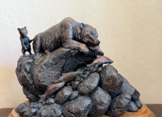 Ken Rowe First Day Of School wildlife bronze sculpture grizzly bear cub salmon fish stream river brook fishing