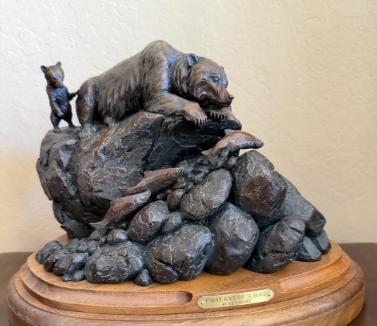 Ken Rowe First Day Of School wildlife bronze sculpture grizzly bear cub salmon fish stream river brook fishing