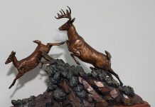 Ken Rowe Flags Of Danger elk wildlife sculpture action bronze