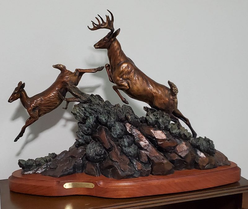 Ken Rowe Flags Of Danger elk wildlife sculpture action bronze