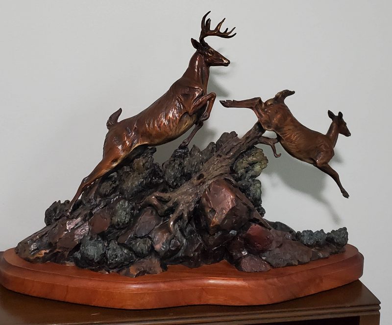 Ken Rowe Flags Of Danger elk wildlife sculpture action bronze back