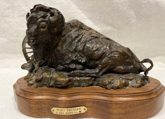 Ken Rowe Quiet Thunder buffalo bison wagon wheel western bronze wildlife sculpture