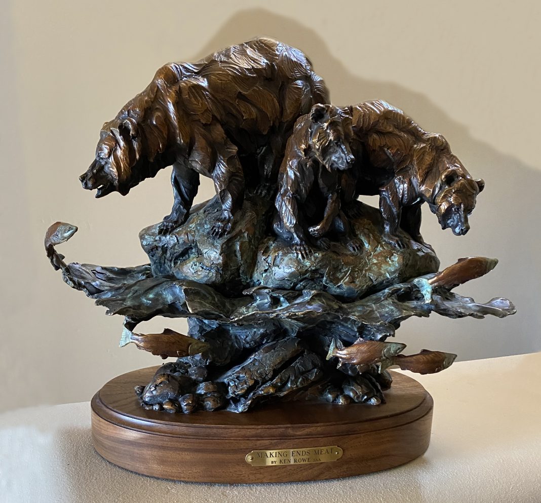 Ken Rowe Making Ends Meat bear grizzly salmon fish river water stream brook wildlife bronze sculpture