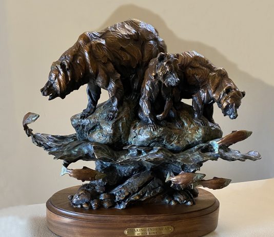 Ken Rowe Making Ends Meat bear grizzly salmon fish river water stream brook wildlife bronze sculpture