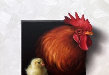 Marina Dieul Fier Papa Proud Dad rooster chick chicken farm ranch western oil painting