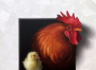 Marina Dieul Fier Papa Proud Dad rooster chick chicken farm ranch western oil painting