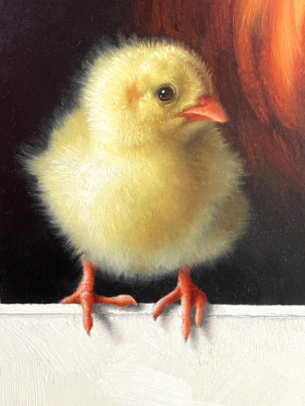 Marina Dieul Fier Papa Proud Dad rooster chick chicken farm ranch western oil painting close up chick