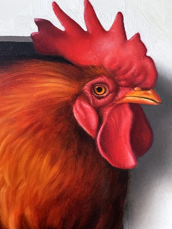 Marina Dieul Fier Papa Proud Dad rooster chick chicken farm ranch western oil painting close up rooster
