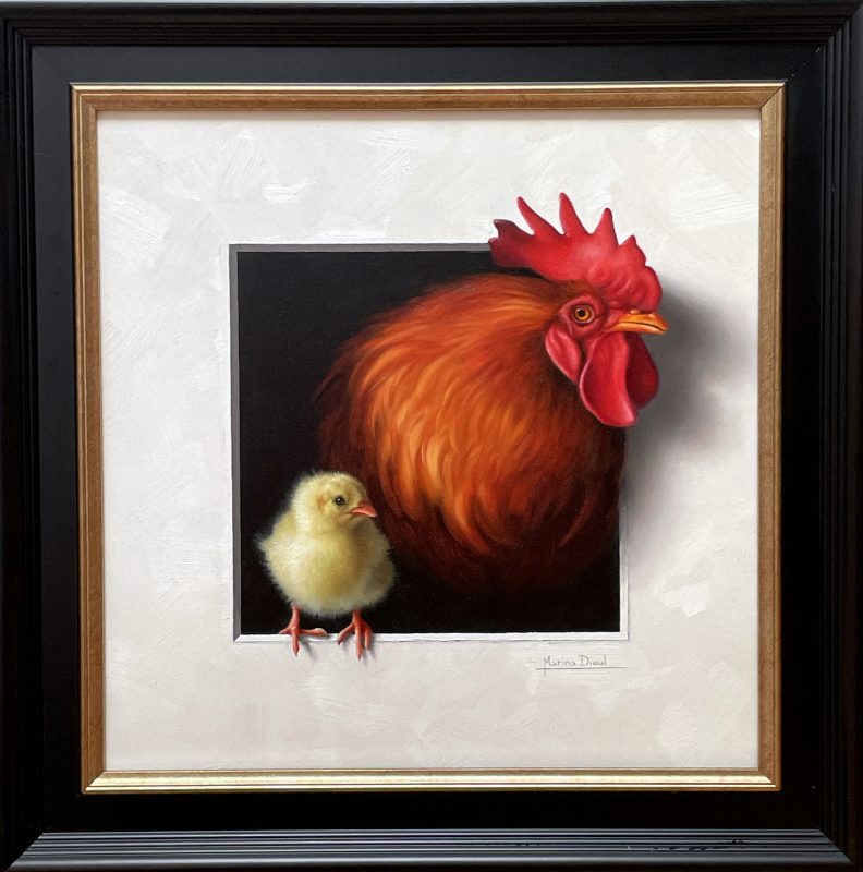 Marina Dieul Fier Papa Proud Dad rooster chick chicken farm ranch western oil painting framed